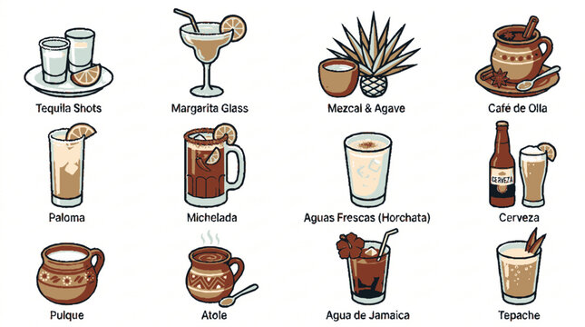 A vibrant collection of twelve vector icons showcasing traditional mexican beverages in a playful and culturally rich design