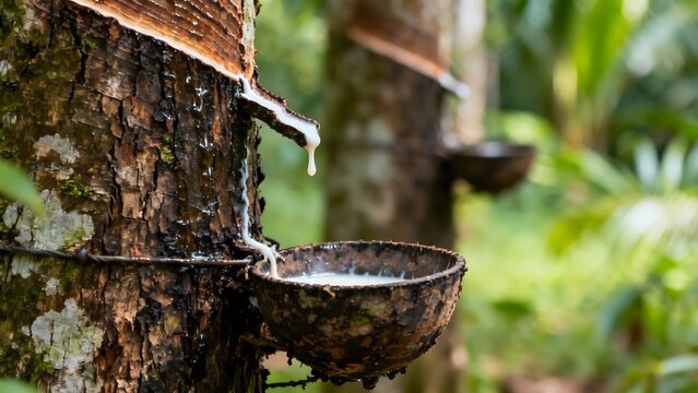 Close-up of rubber trees with latex tapping cups, detailed bark texture, fresh latex dripping