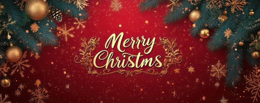 gold script merry christmas text on red background with evergreen branches gold baubles pine cones snowflakes and glitter conveying warm festive joy