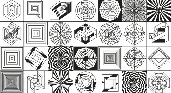 Geometric shapes and patterns arrayed in a black and white composition