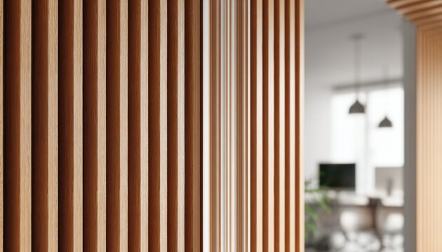 Wall paneling in a modern office interior featuring vertical wooden slats with natural grain and smooth finish
