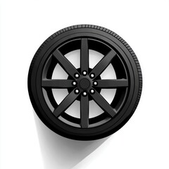Obraz premium top-down view of a glossy black car wheel and tire with six spokes, lug nuts and center cap casting a soft shadow, sleek sporty and modern mood