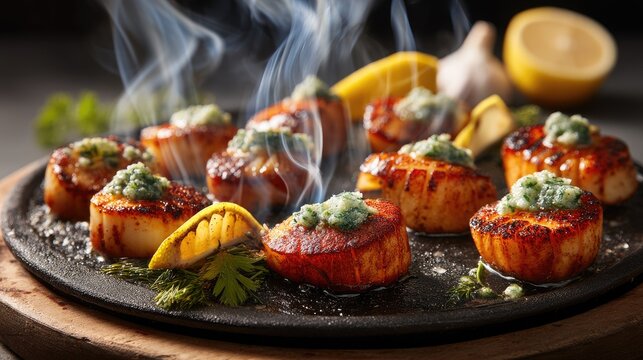 Grilled Scallops with Flavorful Sauce and Fresh Lemon Garnish on a Hot Plate with Smoke and Herbs for Delicious Seafood Delight