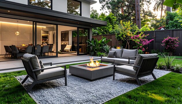 Modern outdoor seating area with fire pit and modern house