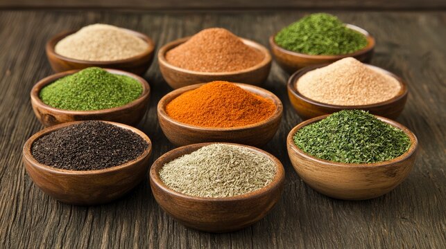 Colorful Variety of Spices and Seasonings in Wooden Bowls Arranged Neatly on a Rustic Table