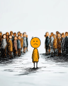 Alone in the Crowd: An artistic portrayal of a solitary figure standing in stark contrast to a multitude, symbolizing isolation, loneliness, and the struggle to belong. 