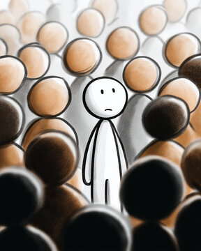 Alone in the Crowd: An abstract representation captures a sense of loneliness and isolation amid a sea of diverse, faceless figures, emphasizing the feeling of being an outsider or alone.