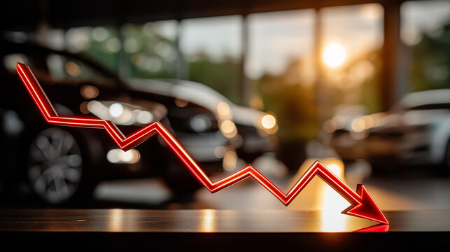 Sales slump in dealership: A symbolic visual of the automotive industry faces decline, with a sharp red arrow pointing downwards against the backdrop of a showroom and new automobiles.