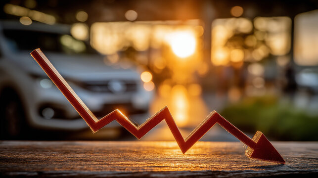 Financial Decline: A stark red downward-pointing arrow symbolizes the economic downturn, set against the backdrop of an evening cityscape. The image represents the concepts of financial struggles.