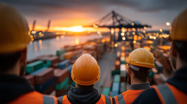 Harbor Workers Observing Sunset: Dockworkers, donned in safety gear, watch the sunset over a busy harbor, emphasizing the industry of transport and shipping.