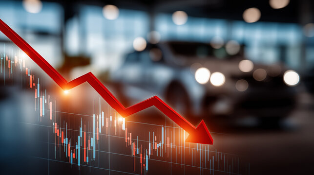 Economic Decline in the Automotive Sector: A downward-trending red arrow graphically represents the economic downturn impacting the automotive sector, suggesting challenges for the industry.