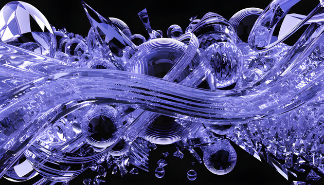 Cyber elements made of transparent glass and liquid acrylic purple blue glow on black backdrop cinematic tech background design cover art visuals 3d rendering Згорнути
