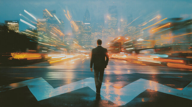 Urban Journey: A lone figure, immersed in a metropolitan landscape, embarking on a captivating exploration. The blurred background evokes the dynamic tempo of city life.