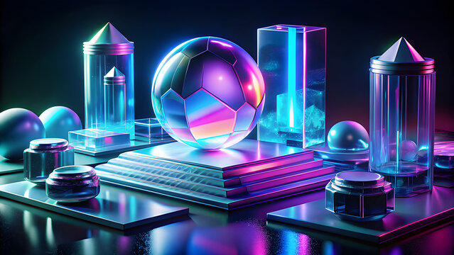 Cyber elements made of transparent glass and liquid acrylic purple blue glow on black backdrop cinematic tech background design cover art visuals 3d rendering Згорнути
