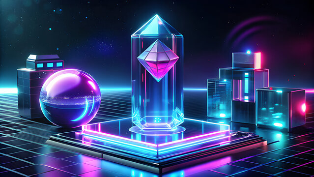 Cyber elements made of transparent glass and liquid acrylic purple blue glow on black backdrop cinematic tech background design cover art visuals 3d rendering Згорнути
