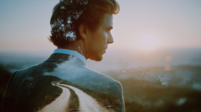 Man Contemplating Journey's Road: A pensive man gazes towards the horizon, his silhouette merging with the scenic road ahead, contemplating life's winding paths. 