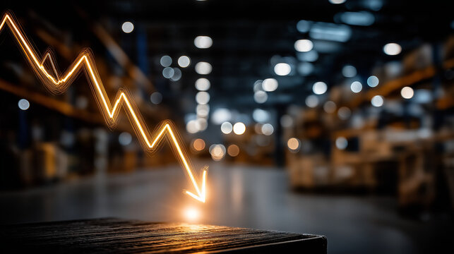 Economic Downturn in the Warehouse: A visually striking representation of economic decline unfolds, with a neon line indicating a downward trend.