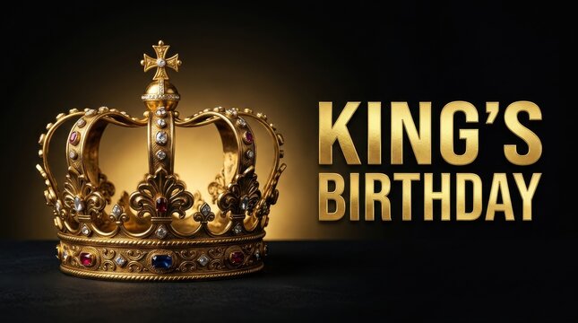 King's Birthday celebratory banner, ornate golden crown with jewels on dark background, royal monarch anniversary greeting with elegant typography