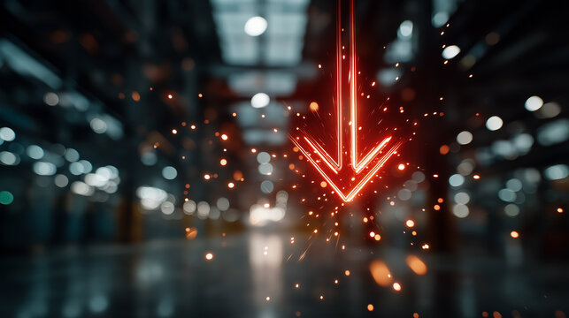 Symbol of Descend: An illuminating descent arrow cuts through an industrial backdrop, hinting at challenges and change. The bright imagery and symbolic essence invite contemplation on transformation.