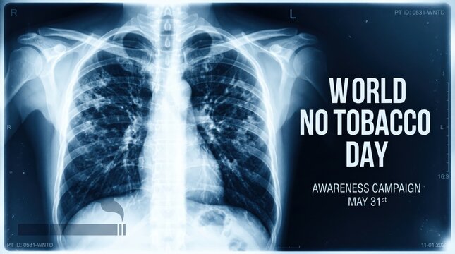 World No Tobacco Day awareness campaign poster, chest x-ray of human lungs with smoking damage, medical radiology scan for May 31st healthcare event