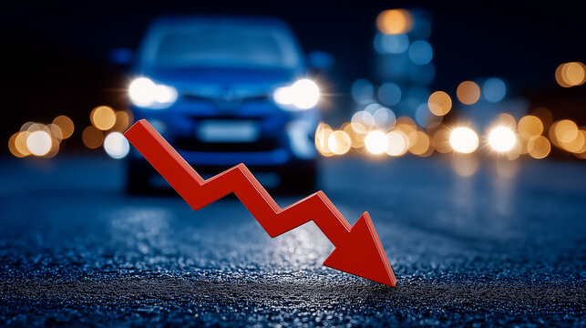Economic Decline and Automotive Slowdown: A powerful visual metaphor of economic downturn, featuring a prominent downward arrow against a blurry background, with cars driving.
