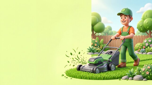Cute 3D gardener with lawn mowers in a green garden scene, soft trees, flowers and copy space for landscaping service design.
