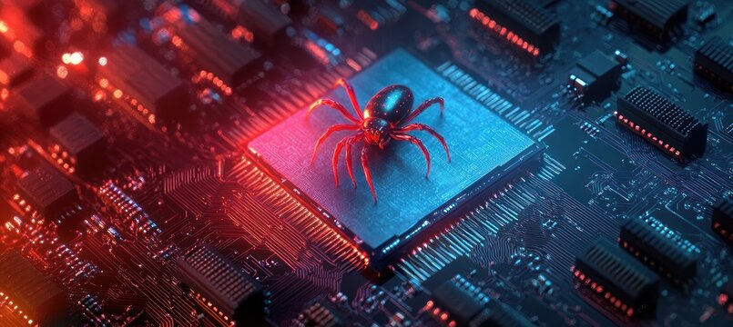Menacing spider on a glowing microchip atop a circuit board under red and blue neon lights, evoking a high-tech cyber threat