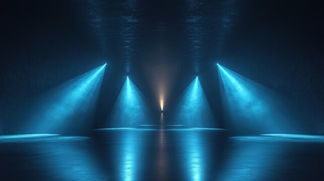 Empty reflective stage with four blue spotlight beams and a small warm backlight piercing fog, creating a dramatic, moody atmosphere of anticipation