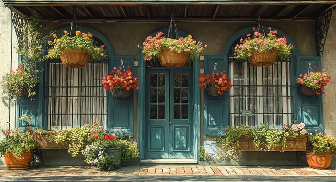 charming teal storefront with arched windows, hanging flower baskets, window boxes, potted plants and brick pavement, bright colorful blooms creating an inviting cozy atmosphere