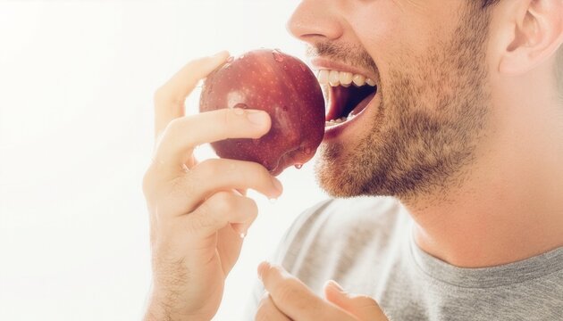 Man with a beard holding a wet red apple, ready to take a bite. Suitable for health, food, nutrition, lifestyle concepts.