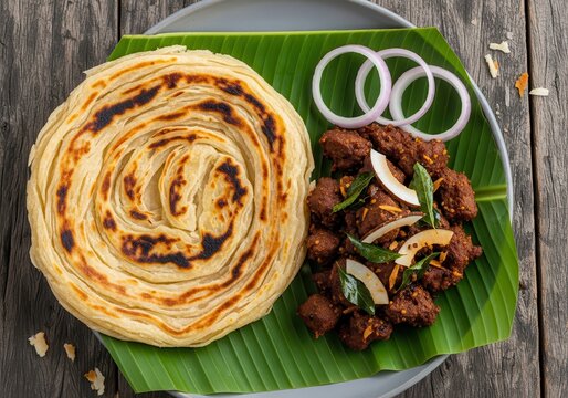 Flaky layered flatbread is served with spicy meat and onion rings on a banana leaf plate.