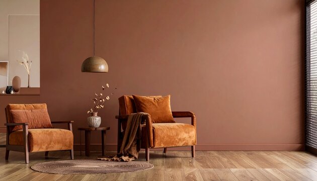 Living room interior in brown mocha mousse 2025 color with brown armchair and decor- 3D rendering ai gen