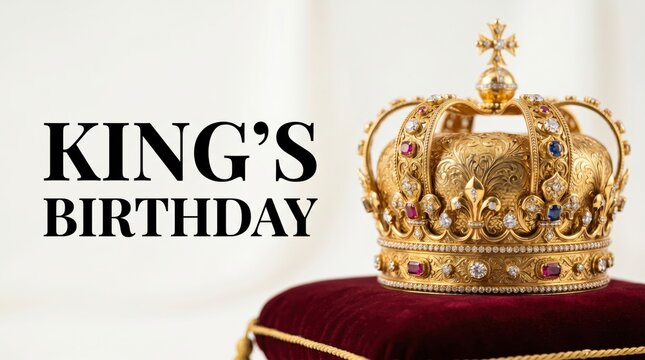 King's Birthday celebration concept, ornate golden royal crown with jewels on velvet pillow, majestic monarchy symbol for ceremonial events