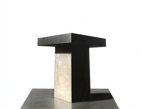 Minimalist T-shaped concrete and dark block pedestal on white background with sharp shadow, stark contemplative mood