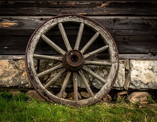 Obraz premium Old wooden wagon wheel against a rustic wooden wall
