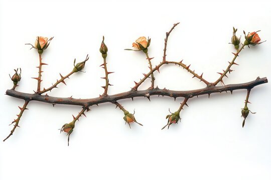 horizontal thorny rose branch with pale peach buds and small blossoms on white background, evoking delicate tension and quiet elegance