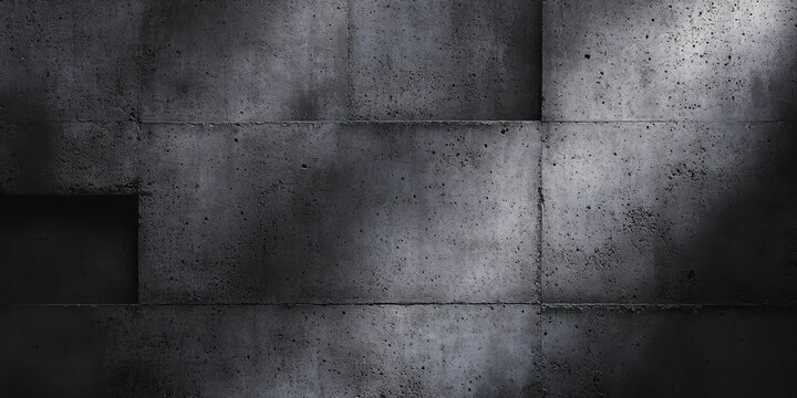 textured concrete wall panels with visible seams and rectangular recess, bathed in diagonal shadow and muted light, creating a moody austere atmosphere