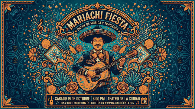 Vibrant mariachi music festival poster with guitarist in traditional attire and ornate floral patterns