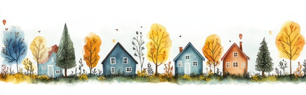 watercolor panorama of cozy cottages and pine trees amid golden and orange autumn foliage with small birds, wild grass and a peaceful warm atmosphere