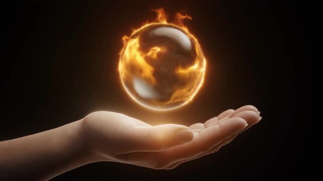 Glowing fire ball levitating above human hand on dark background