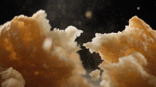 Macro slow motion of crispy bread being broken apart against black