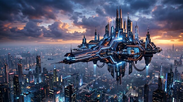 Massive floating futuristic citadel with glowing blue lights hovering over a sprawling cybernetic metropolis at sunset.