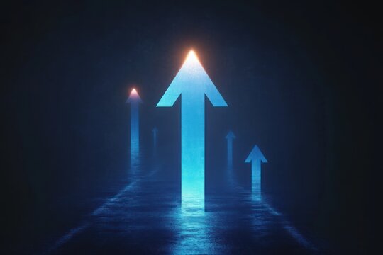 glowing blue arrows rising above a reflective dark water surface with bright warm tips conveying upward momentum and optimistic progress
