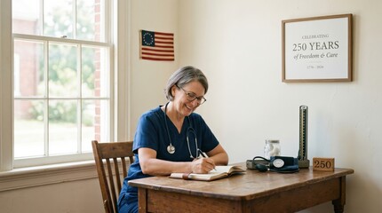 Fototapeta premium Mature Female Nurse Writing in Notebook at Desk in Medical Office Setting