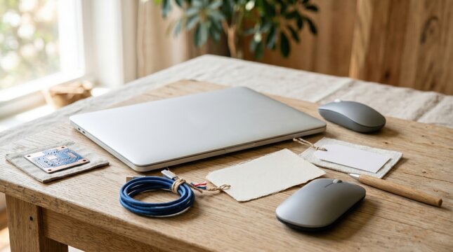 Minimalist Tech Workspace Setup with Closed Laptop and Computer Accessories on Wooden Table