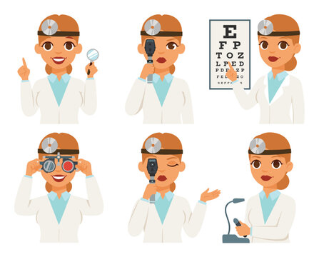 Female optometrist ophthalmic examination medical tools eye chart isolated white background cartoon vector illustration. Woman healthcare professional diagnostic equipment vision testing glasses