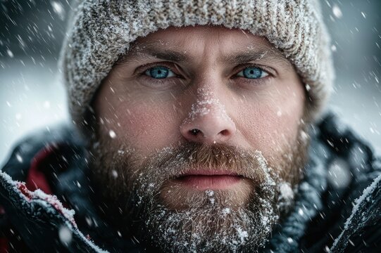 close-up winter portrait of a bearded man in a knit beanie and jacket with frost on his beard and eyebrows, snow falling, intense blue eyes and a resolute cold expression