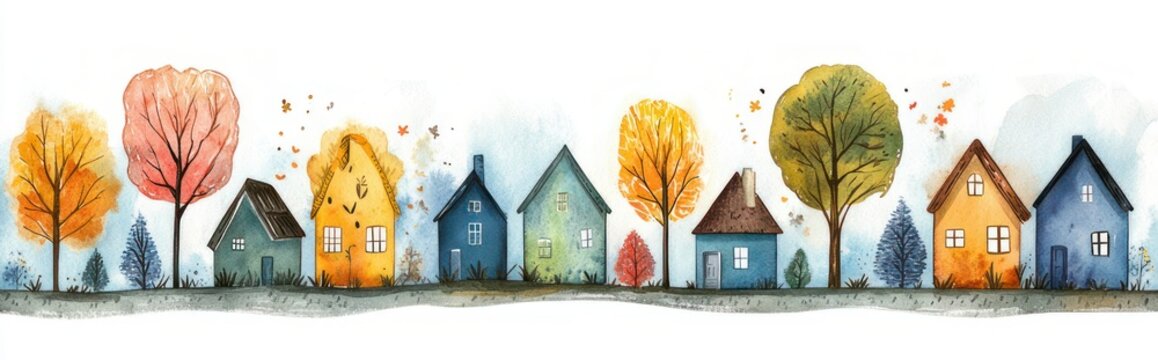 whimsical hand-painted watercolor row of colorful cottages and trees in autumn with falling leaves on a gentle grassy lane, cozy peaceful mood