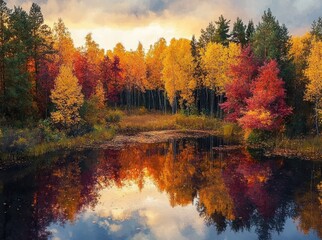 Obraz premium Serene autumn forest with vibrant red, orange, and yellow trees reflected in a calm woodland pond beneath a soft cloudy sky