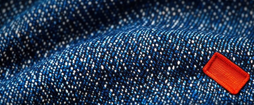 close-up of blue flecked fabric with folds and a small orange stitched label, textured cozy tactile detail